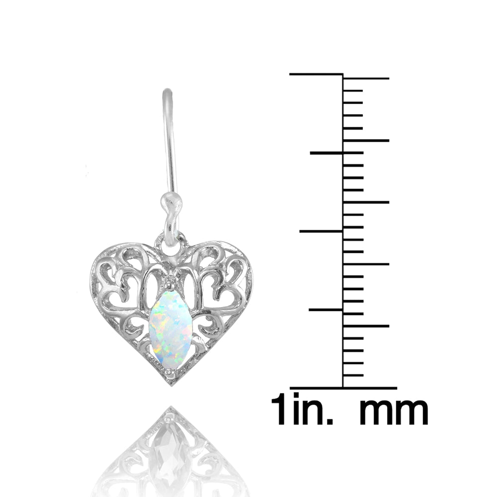 Sterling Silver Created White Opal 6x3mm Marquise Heart Filigree Dangle Earrings-4