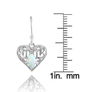 Sterling Silver Created White Opal 6x3mm Marquise Heart Filigree Dangle Earrings