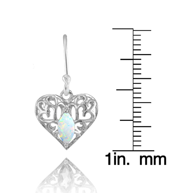 Sterling Silver Created White Opal 6x3mm Marquise Heart Filigree Dangle Earrings
