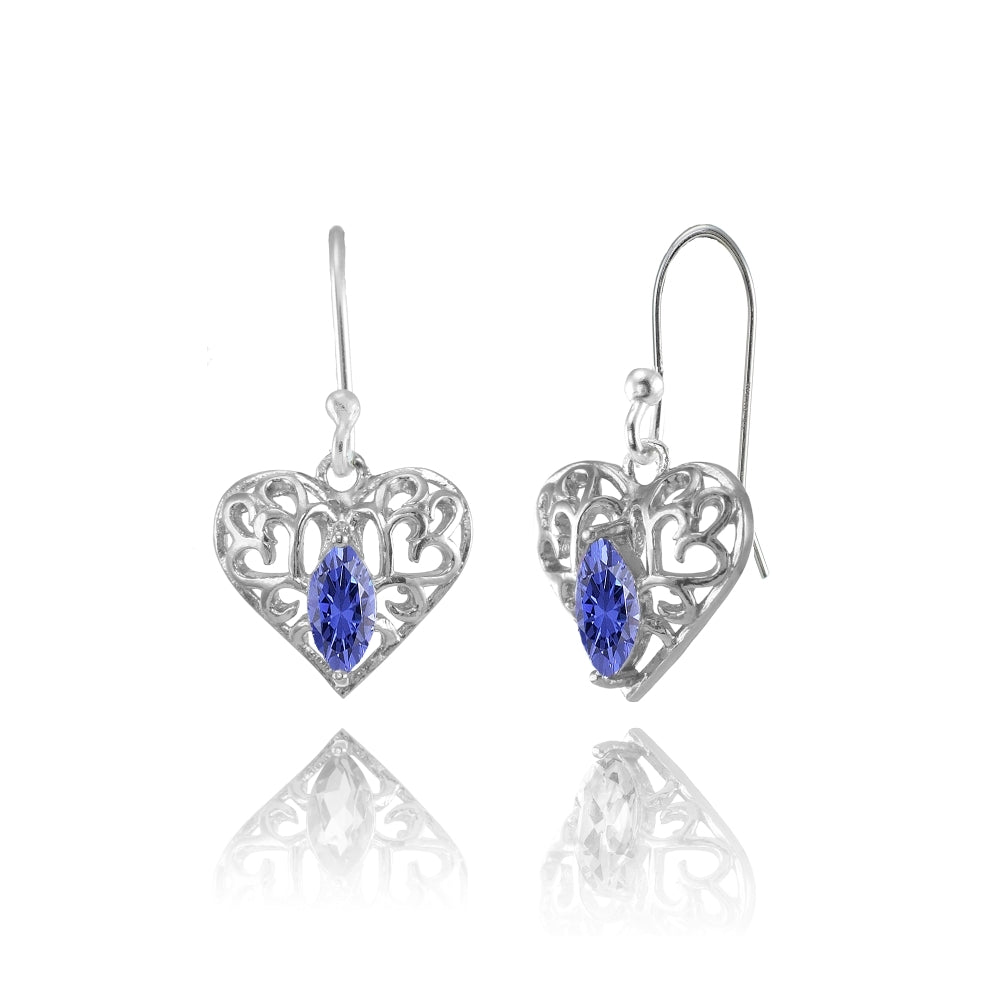 Sterling Silver Tanzanite 6x3mm Marquise Heart Filigree Dangle Earrings