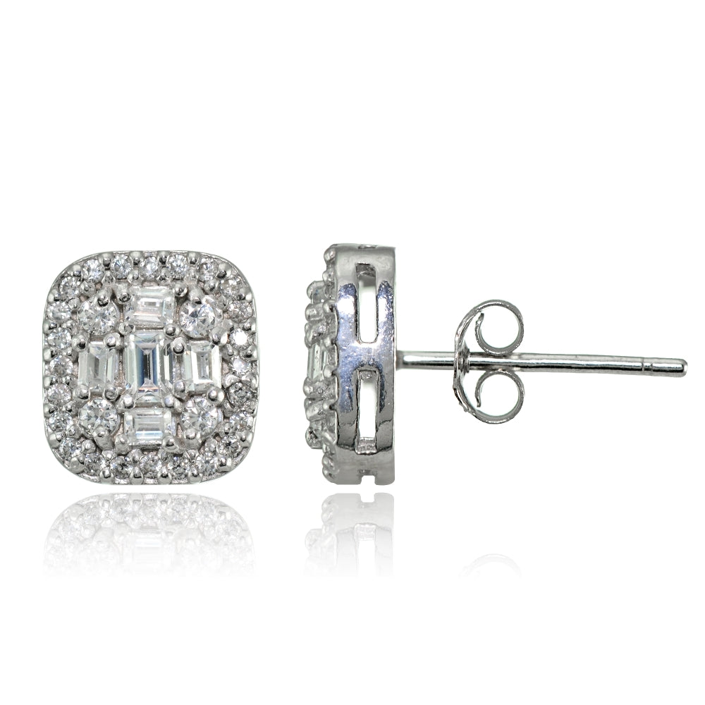 Sterling Silver Cubic Zirconia Baguette and Round Cut Stud Earrings