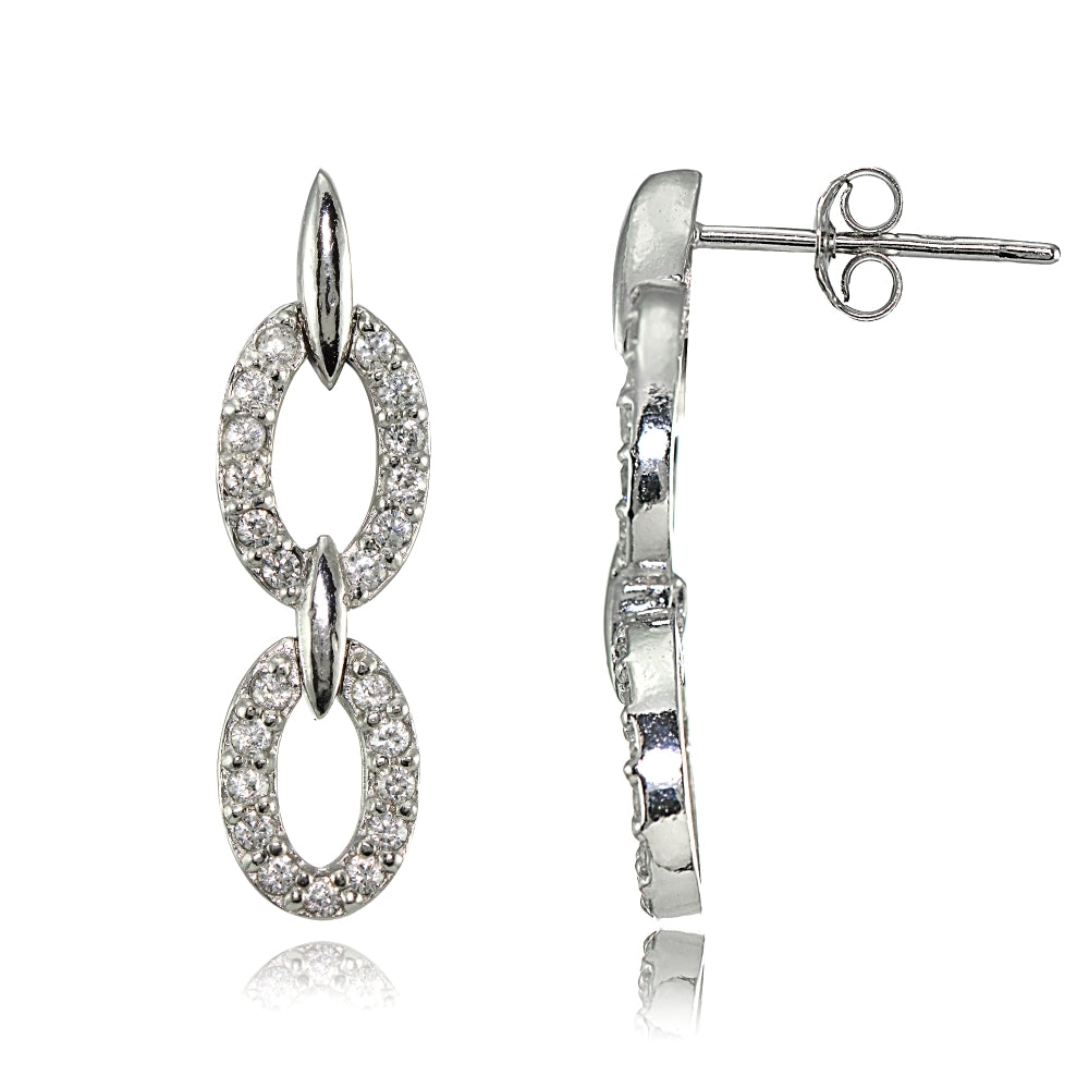 Sterling Silver Cubic Zirconia Double Oval Link Dangle Earrings