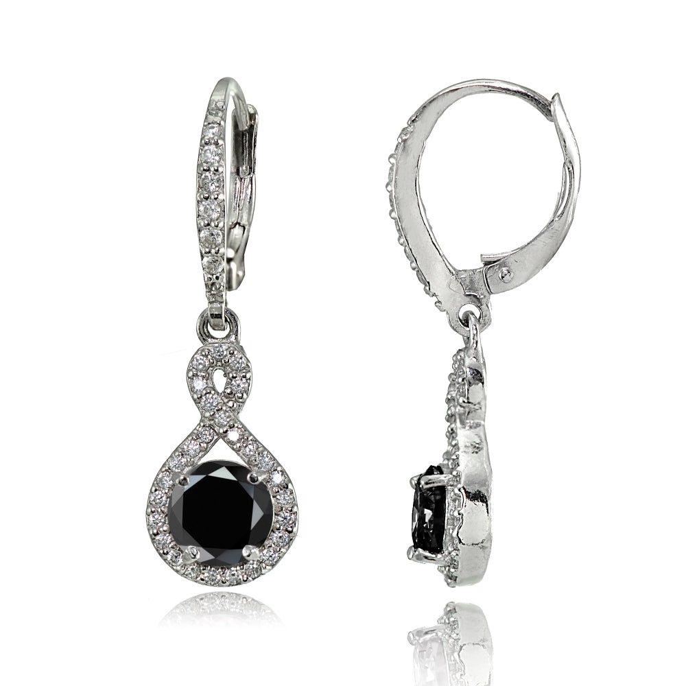 Sterling Silver Black Cubic Zirconia Infinity Dangle Leverback Earrings