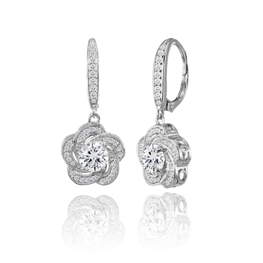 Sterling Silver Cubic Zirconia Flower Swirl Dangle Leverback Earrings