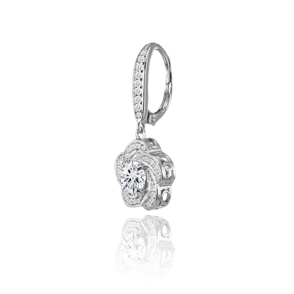 Sterling Silver Cubic Zirconia Flower Swirl Dangle Leverback Earrings-2
