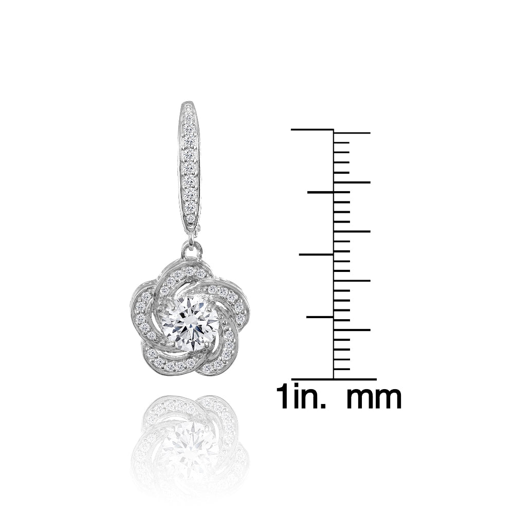 Sterling Silver Cubic Zirconia Flower Swirl Dangle Leverback Earrings-3