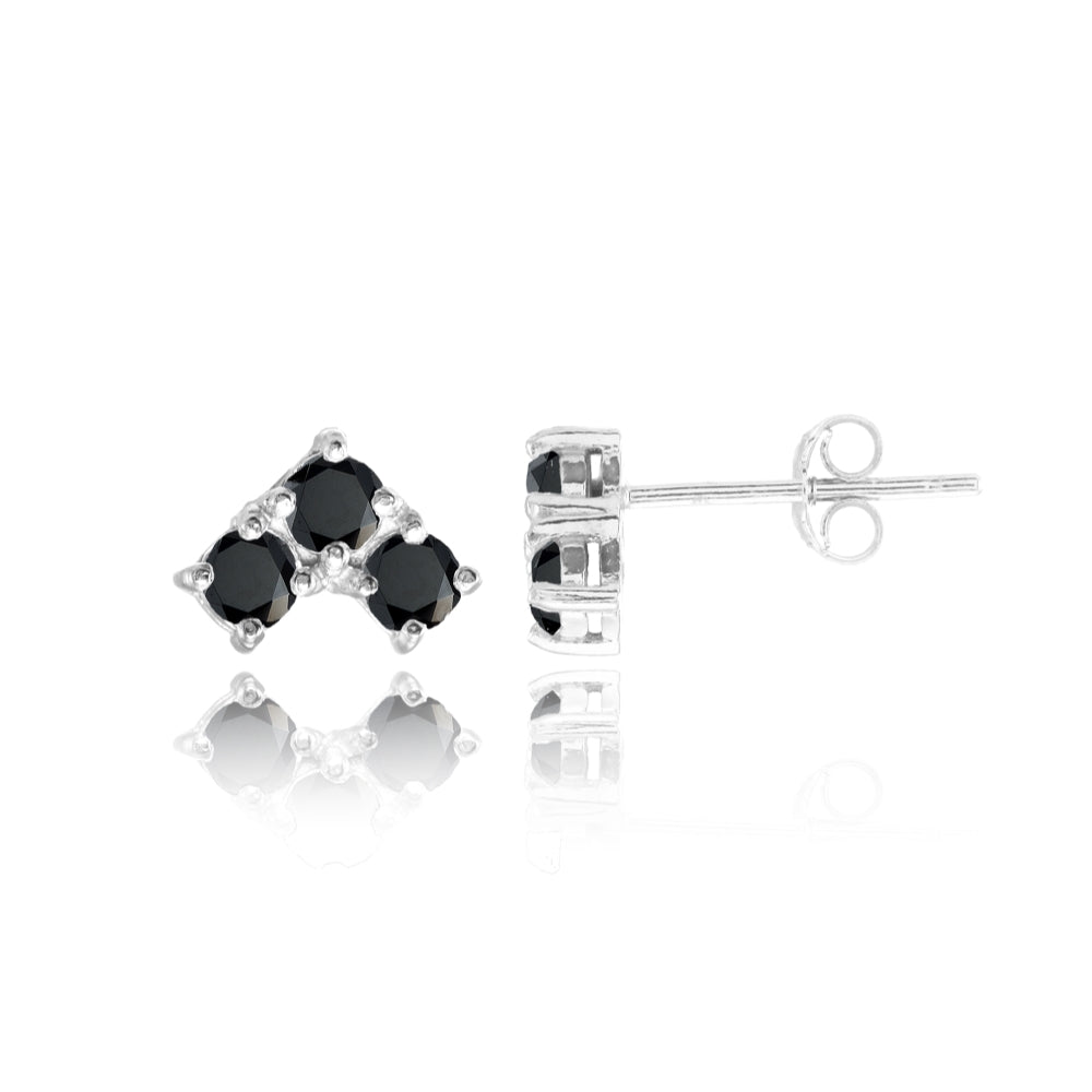 Sterling Silver Black Cubic Zirconia 3-Stone Triangle Stud Earrings