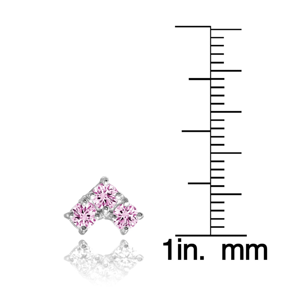 Sterling Silver Light Pink Cubic Zirconia 3-Stone Triangle Stud Earrings-3