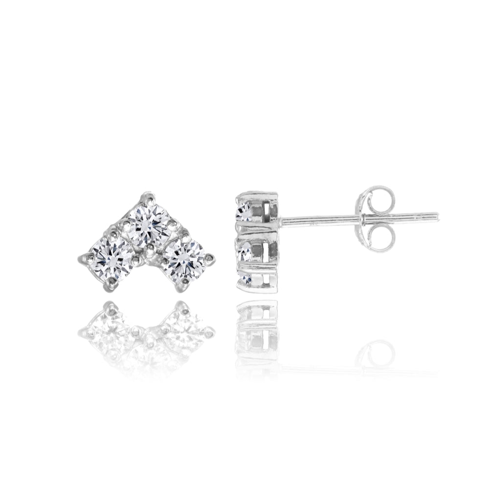 Sterling Silver Cubic Zirconia 3 Stone Triangle Stud Earrings