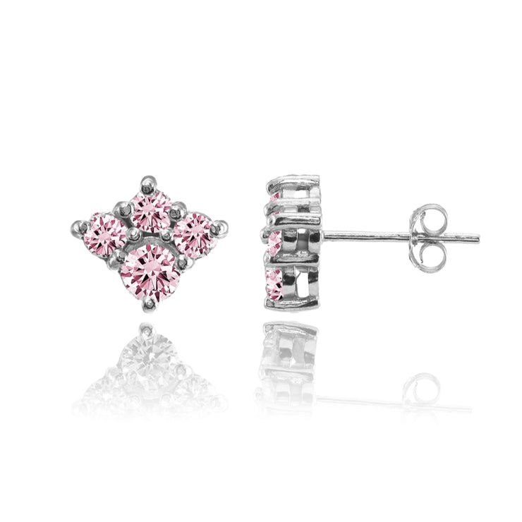Sterling Silver Light Pink Cubic Zirconia 4-Stone Cluster Stud Earrings