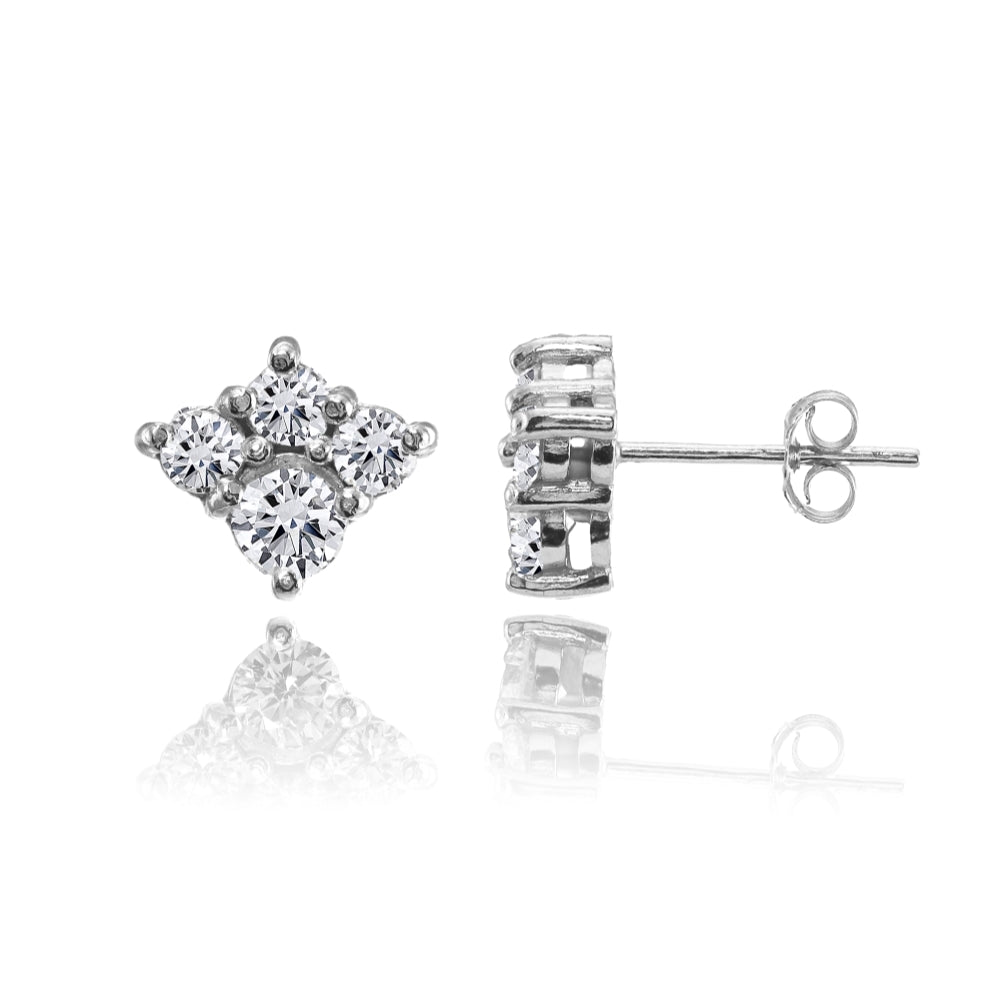 Sterling Silver Cubic Zirconia 4-Stone Cluster Stud Earrings