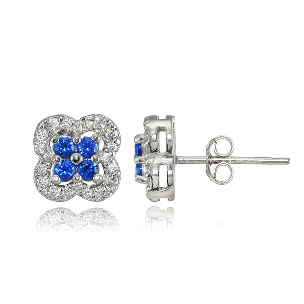 Sterling Silver Created Sapphire & Cubic Zirconia Four Leaf Clover Stud Earrings