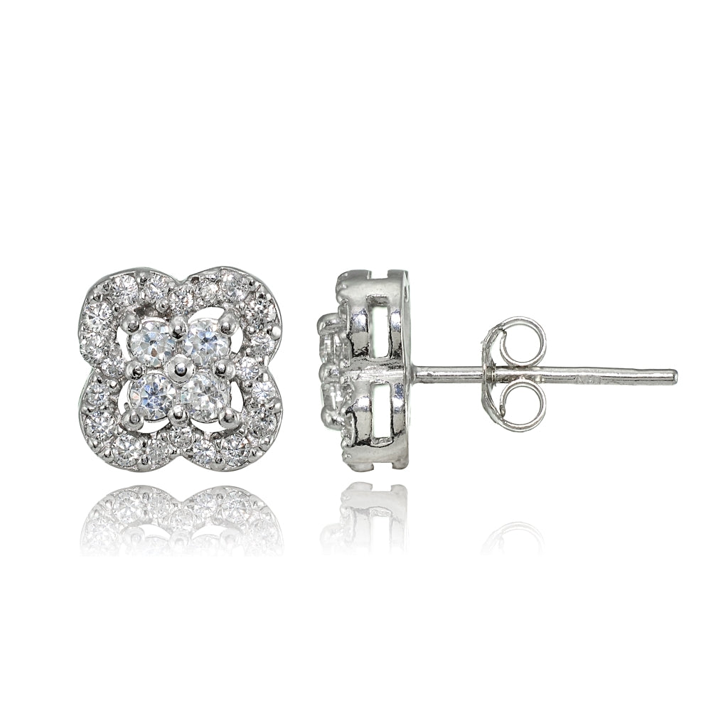 Sterling Silver Cubic Zirconia Four Leaf Clover Stud Earrings
