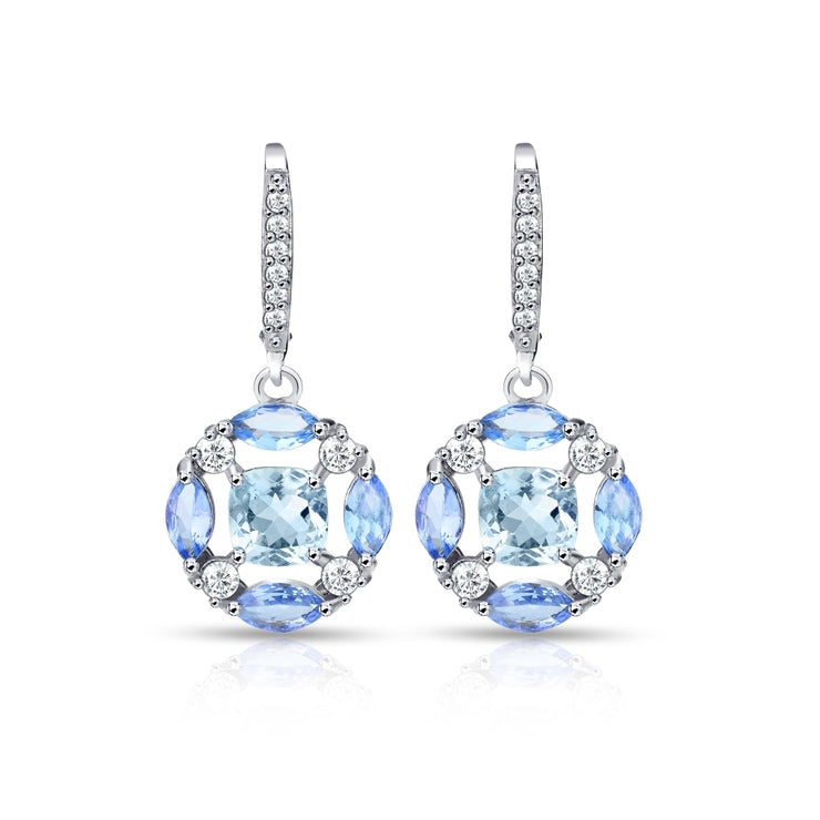 Sterling Silver Blue Topaz, Tanzanite and White Topaz Circle Dangle Leverback Earrings