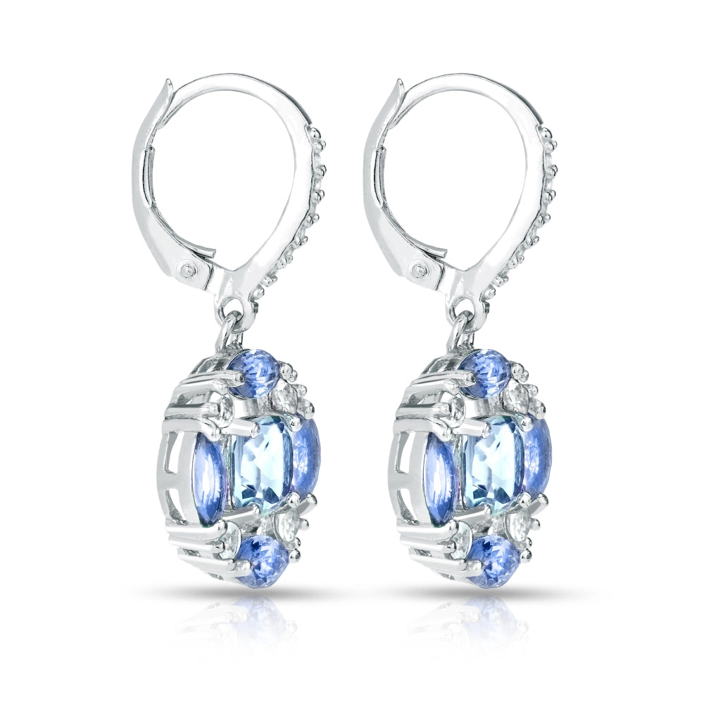 Sterling Silver Blue Topaz, Tanzanite and White Topaz Circle Dangle Leverback Earrings-3