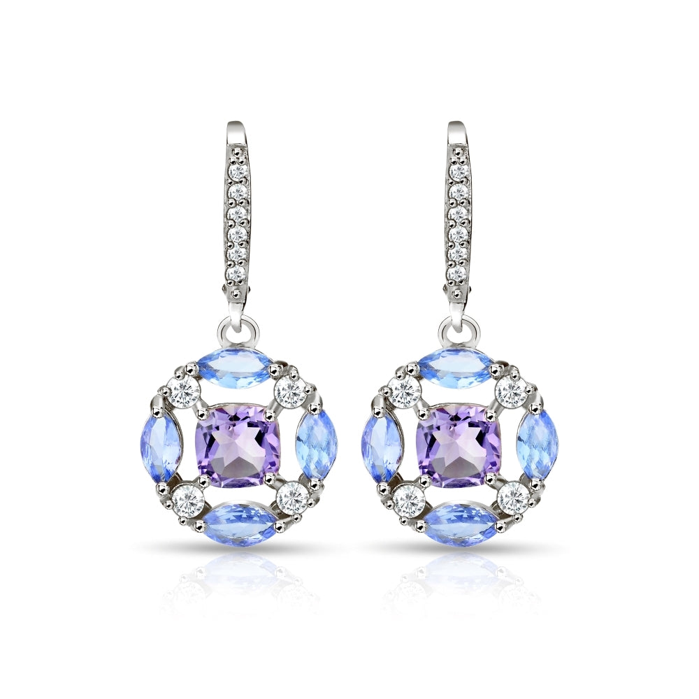 Sterling Silver Amethyst, Tanzanite and White Topaz Circle Dangle Leverback Earrings