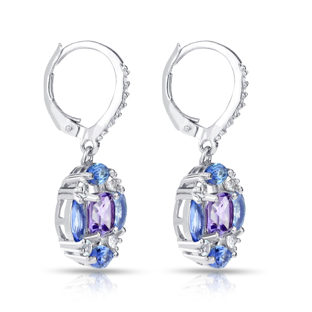 Sterling Silver Amethyst, Tanzanite and White Topaz Circle Dangle Leverback Earrings-3