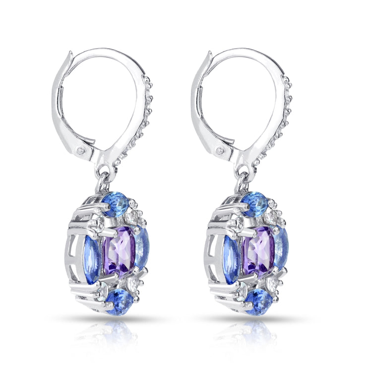 Sterling Silver Amethyst, Tanzanite and White Topaz Circle Dangle Leverback Earrings