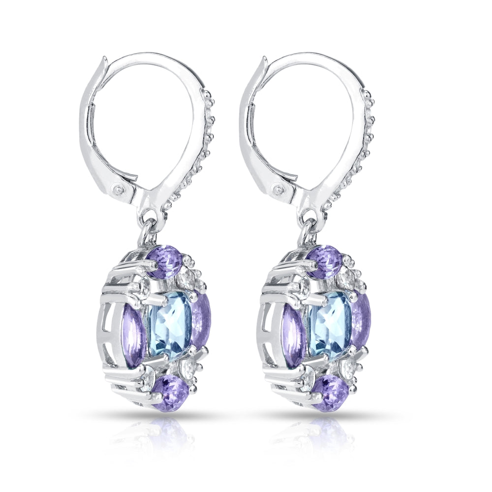 Sterling Silver Blue Topaz, Amethyst and White Topaz Circle Dangle Leverback Earrings-3