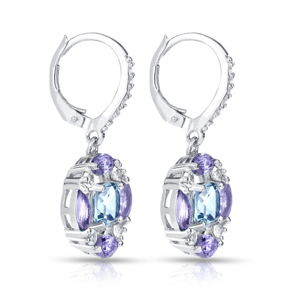 Sterling Silver Blue Topaz, Amethyst and White Topaz Circle Dangle Leverback Earrings