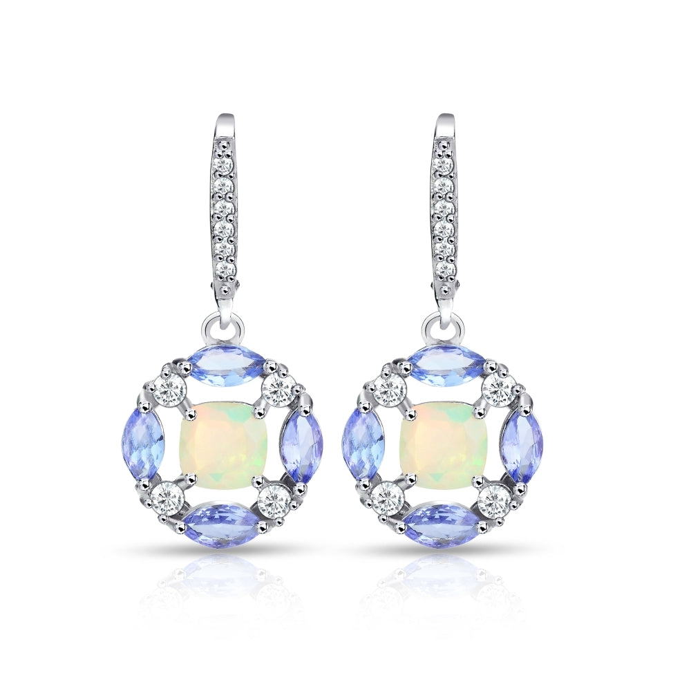 Sterling Silver Ethiopian Opal, Tanzanite and White Topaz Circle Dangle Leverback Earrings