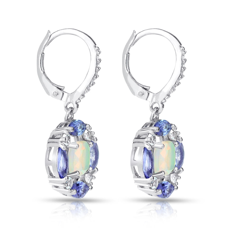 Sterling Silver Ethiopian Opal, Tanzanite and White Topaz Circle Dangle Leverback Earrings-3