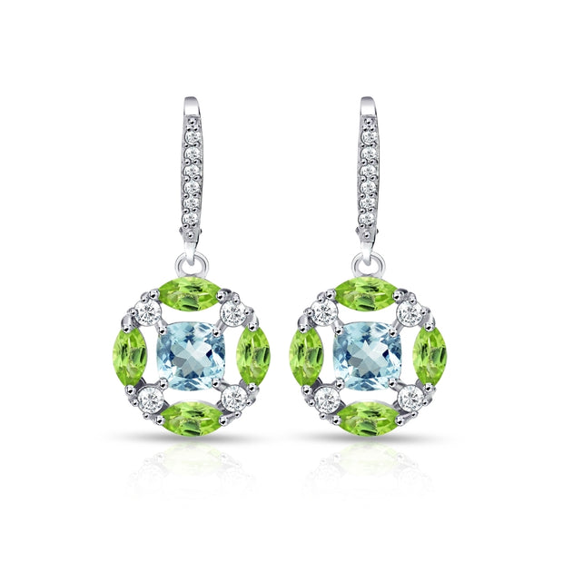 Sterling Silver Blue Topaz, Peridot and White Topaz Circle Dangle Leverback Earrings