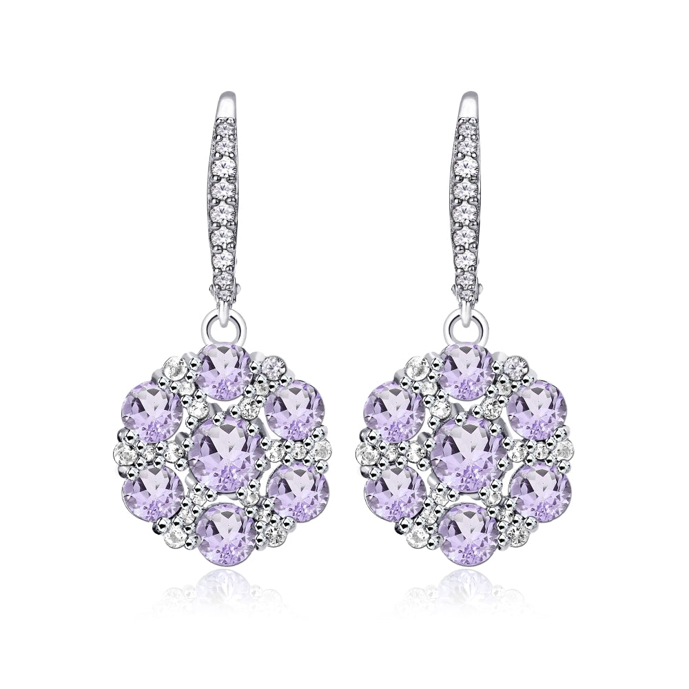 Sterling Silver Amethyst and White Topaz Flower Dangle Leverback Earrings