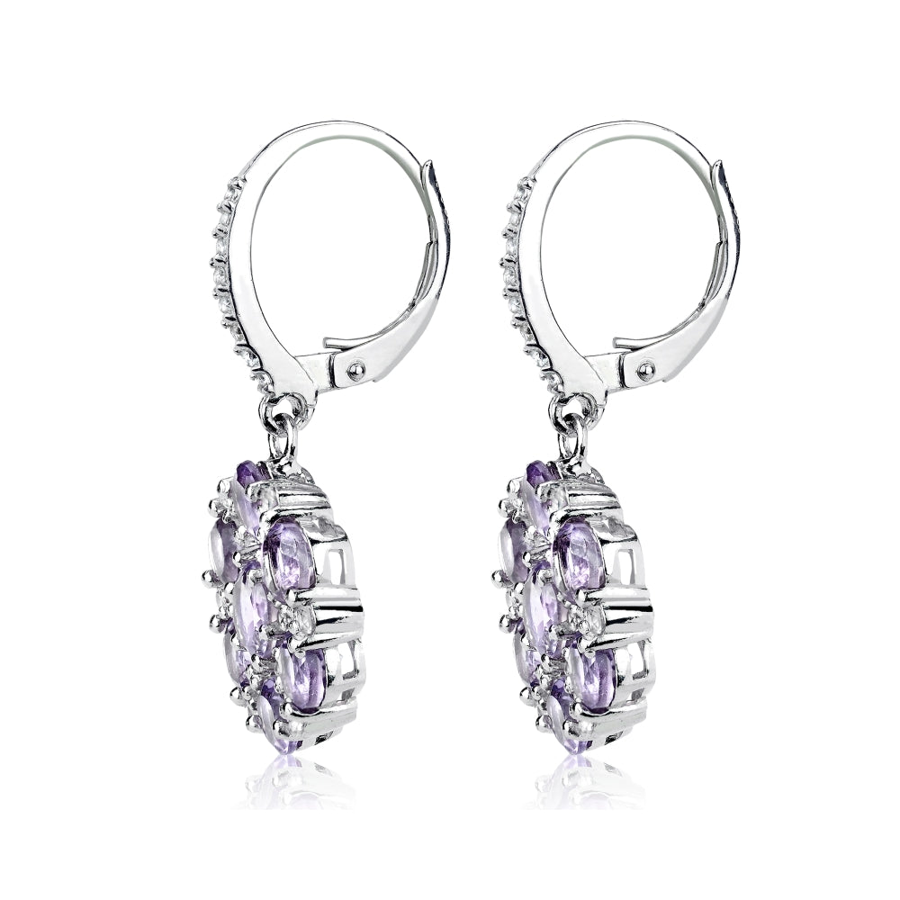 Sterling Silver Amethyst and White Topaz Flower Dangle Leverback Earrings-3