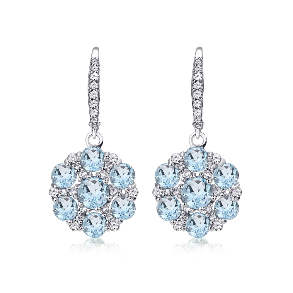 Sterling Silver Blue and White Topaz Flower Dangle Leverback Earrings