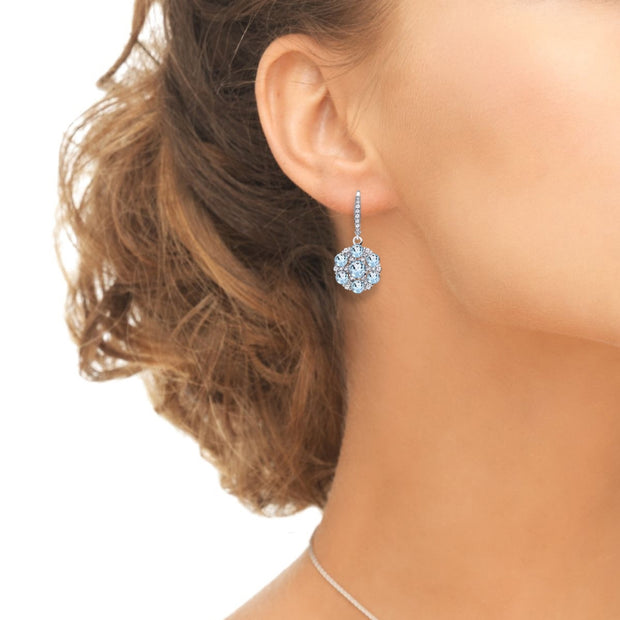 Sterling Silver Blue and White Topaz Flower Dangle Leverback Earrings