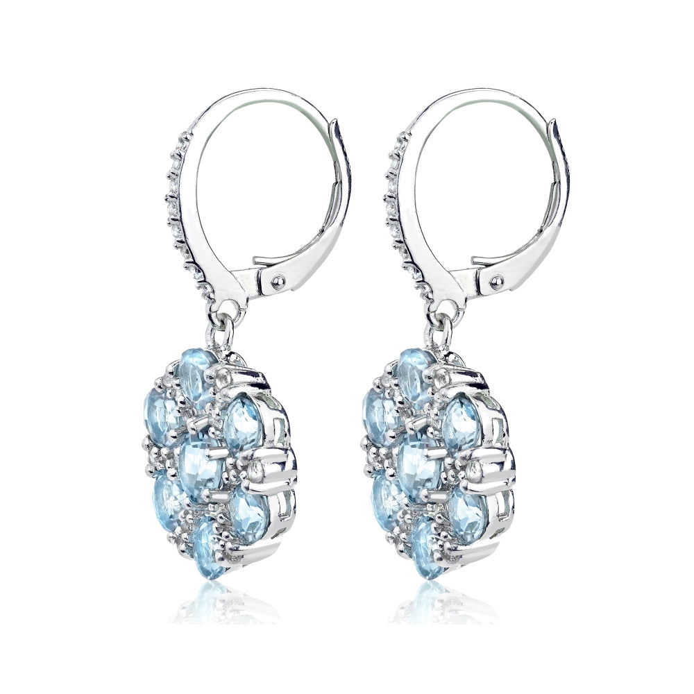 Sterling Silver Blue and White Topaz Flower Dangle Leverback Earrings-3