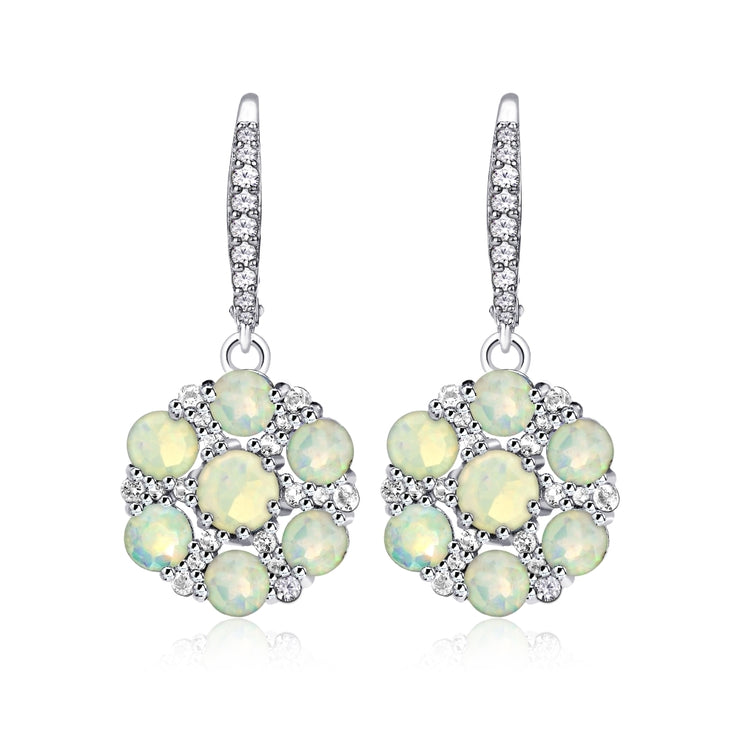 Sterling Silver Ethiopian Opal and White Topaz Flower Dangle Leverback Earrings
