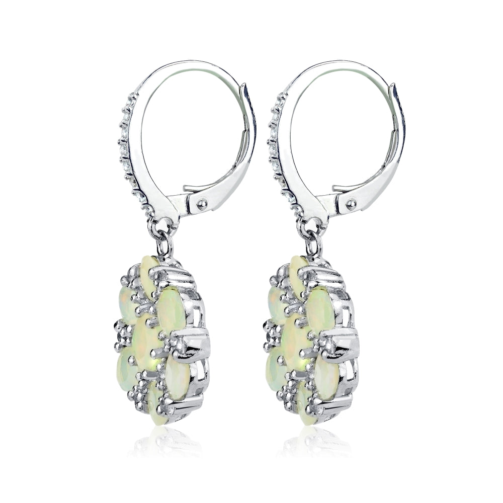 Sterling Silver Ethiopian Opal and White Topaz Flower Dangle Leverback Earrings-3