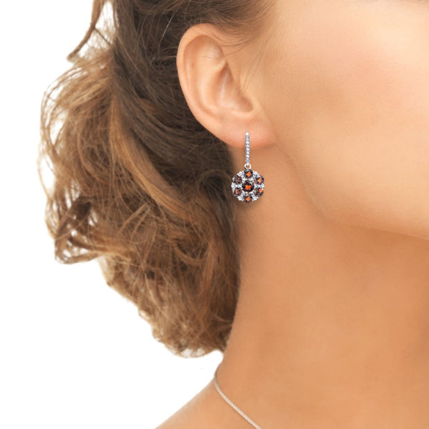 Sterling Silver Garnet and White Topaz Flower Dangle Leverback Earrings
