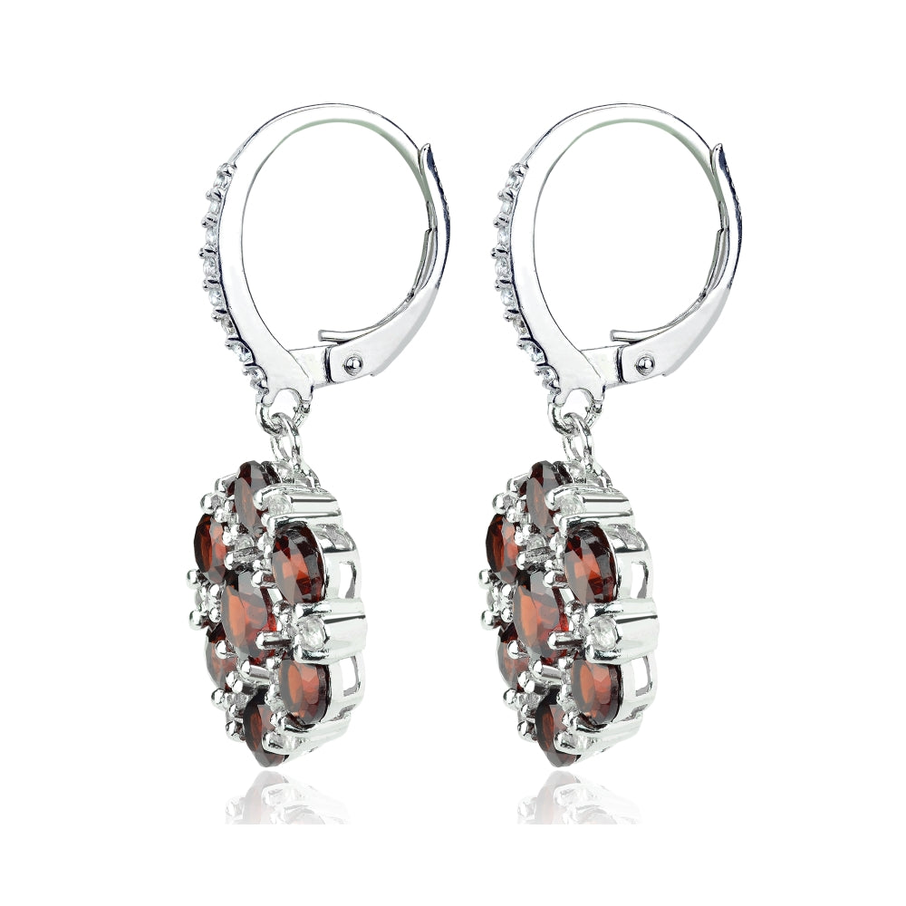 Sterling Silver Garnet and White Topaz Flower Dangle Leverback Earrings-3