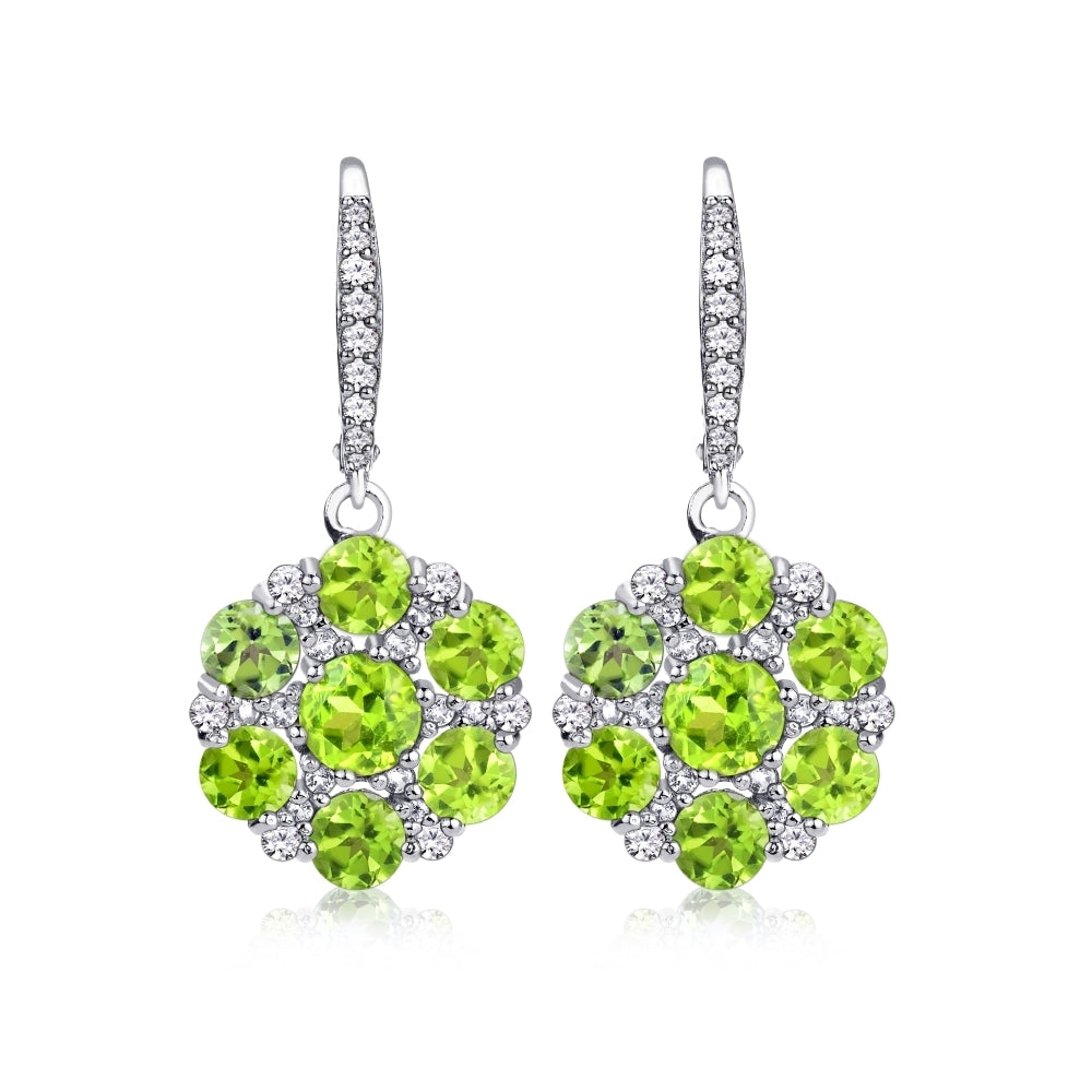 Sterling Silver Peridot and White Topaz Flower Dangle Leverback Earrings
