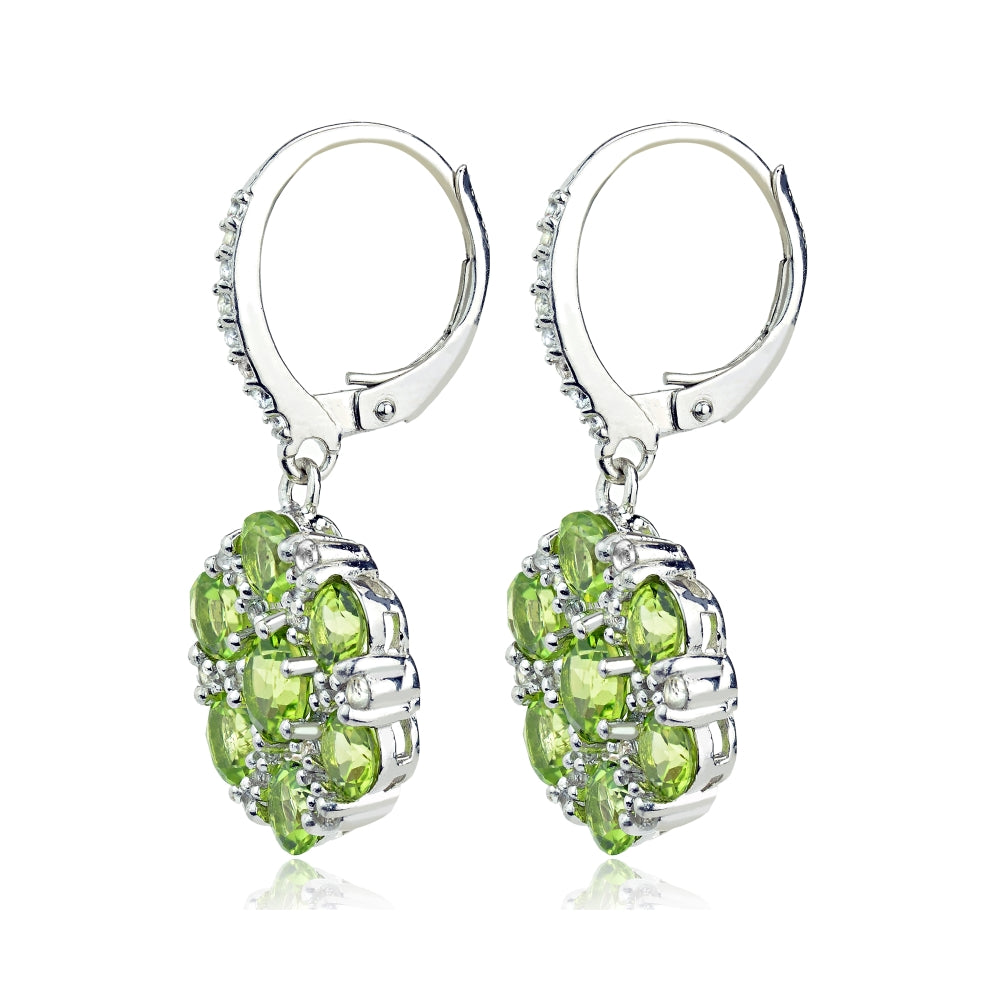 Sterling Silver Peridot and White Topaz Flower Dangle Leverback Earrings-3
