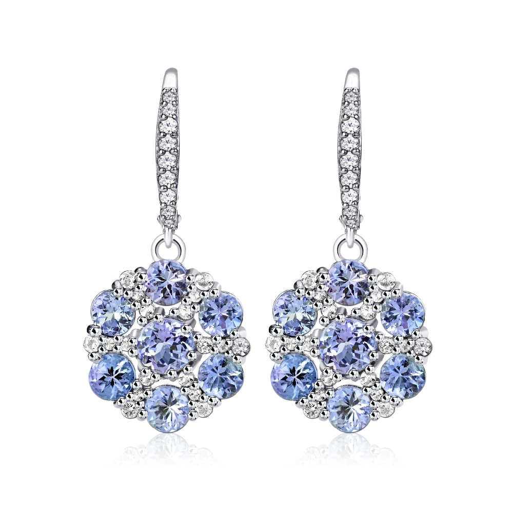 Sterling Silver Tanzanite and White Topaz Flower Dangle Leverback Earrings