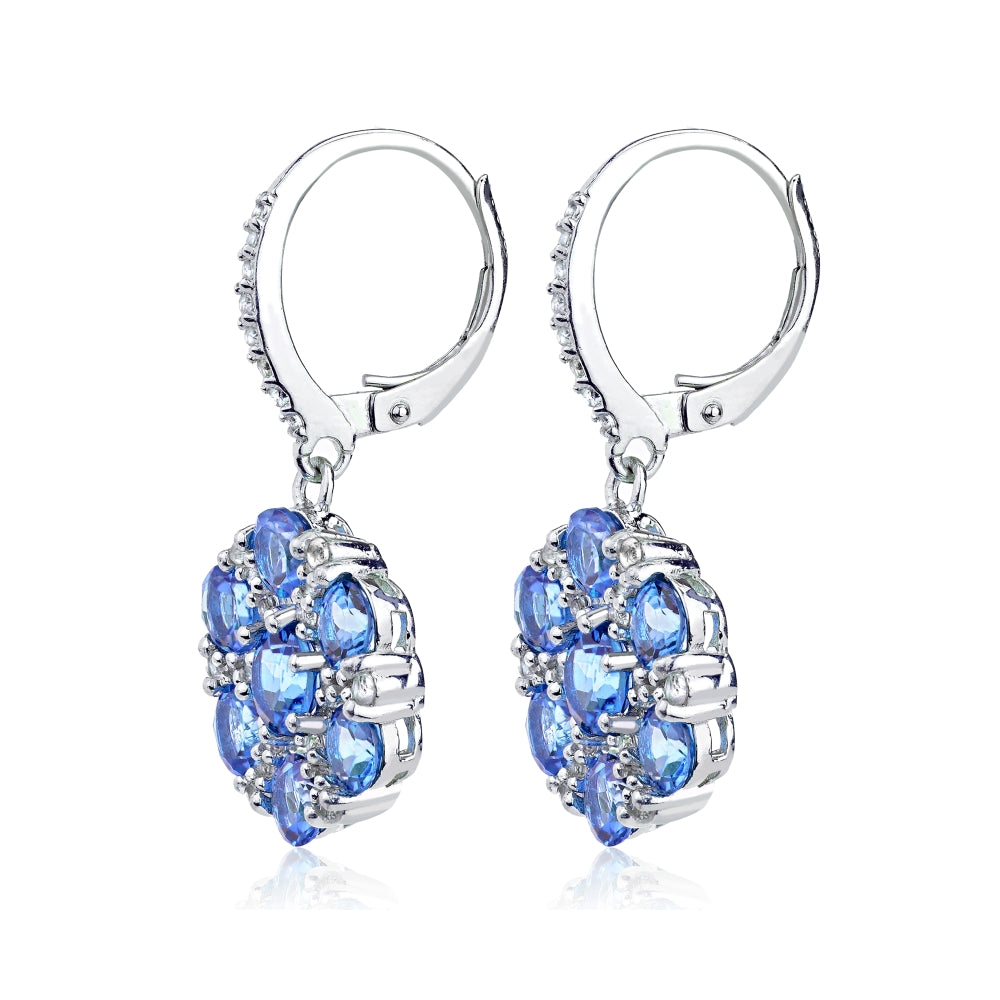Sterling Silver Tanzanite and White Topaz Flower Dangle Leverback Earrings-3