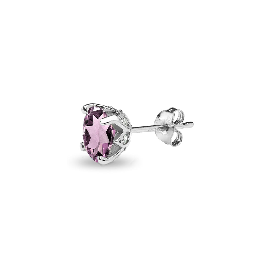Sterling Silver Created Alexandrite and White Topaz Oval Crown Stud Earrings-2