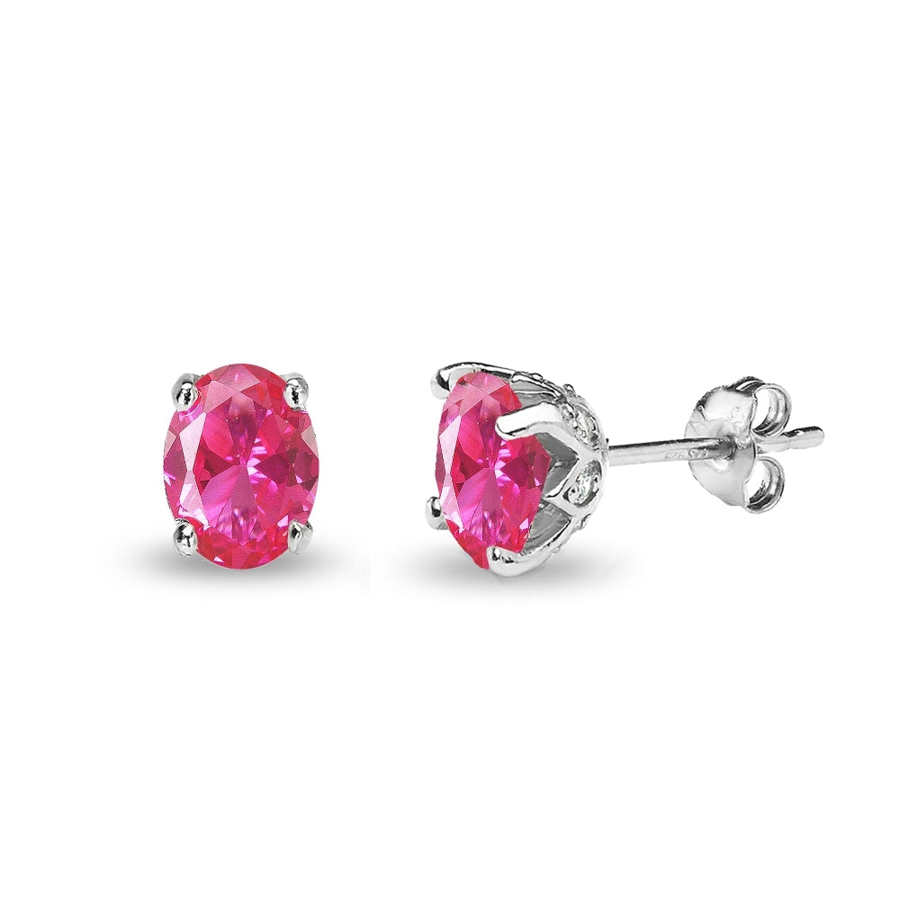 Sterling Silver Created Pink Sapphire and White Topaz Oval Crown Stud Earrings