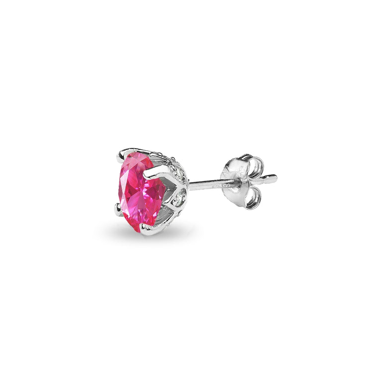 Sterling Silver Created Pink Sapphire and White Topaz Oval Crown Stud Earrings