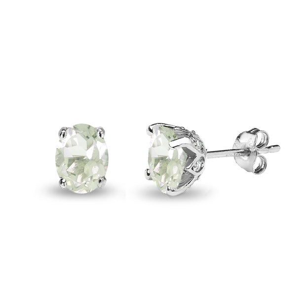 Sterling Silver Green Amethyst and White Topaz Oval Crown Stud Earrings