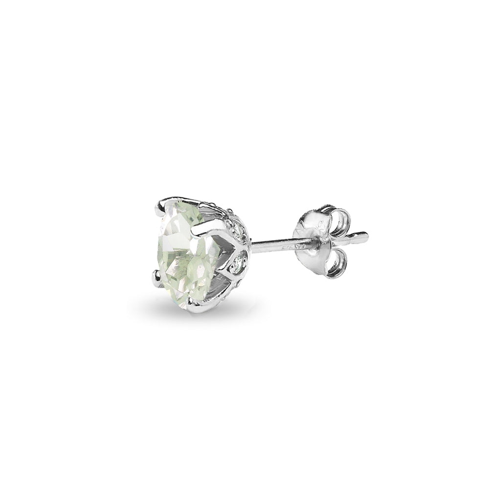 Sterling Silver Green Amethyst and White Topaz Oval Crown Stud Earrings-2