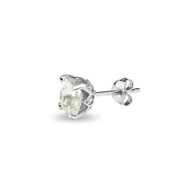 Sterling Silver Green Amethyst and White Topaz Oval Crown Stud Earrings