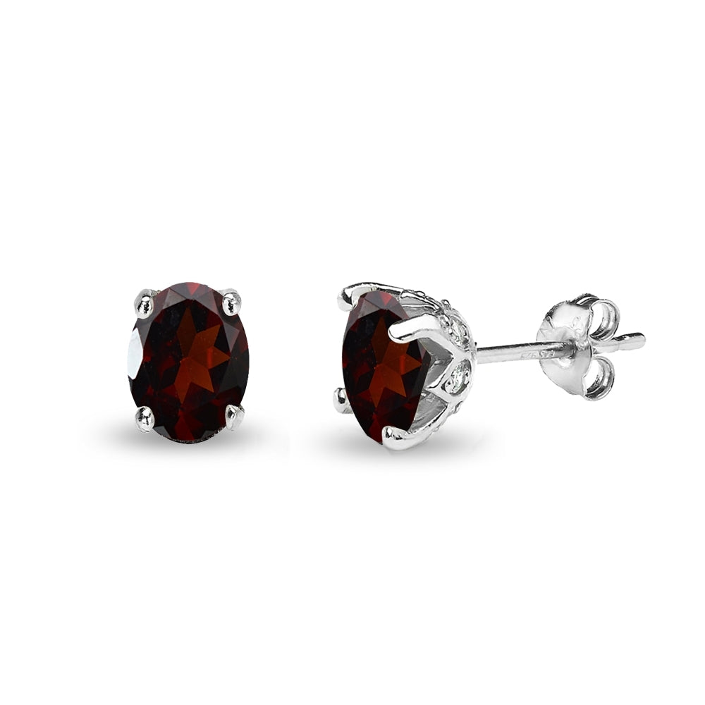 Sterling Silver Garnet and White Topaz Oval Crown Stud Earrings
