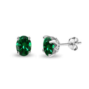 Sterling Silver Created Emerald and White Topaz Oval Crown Stud Earrings