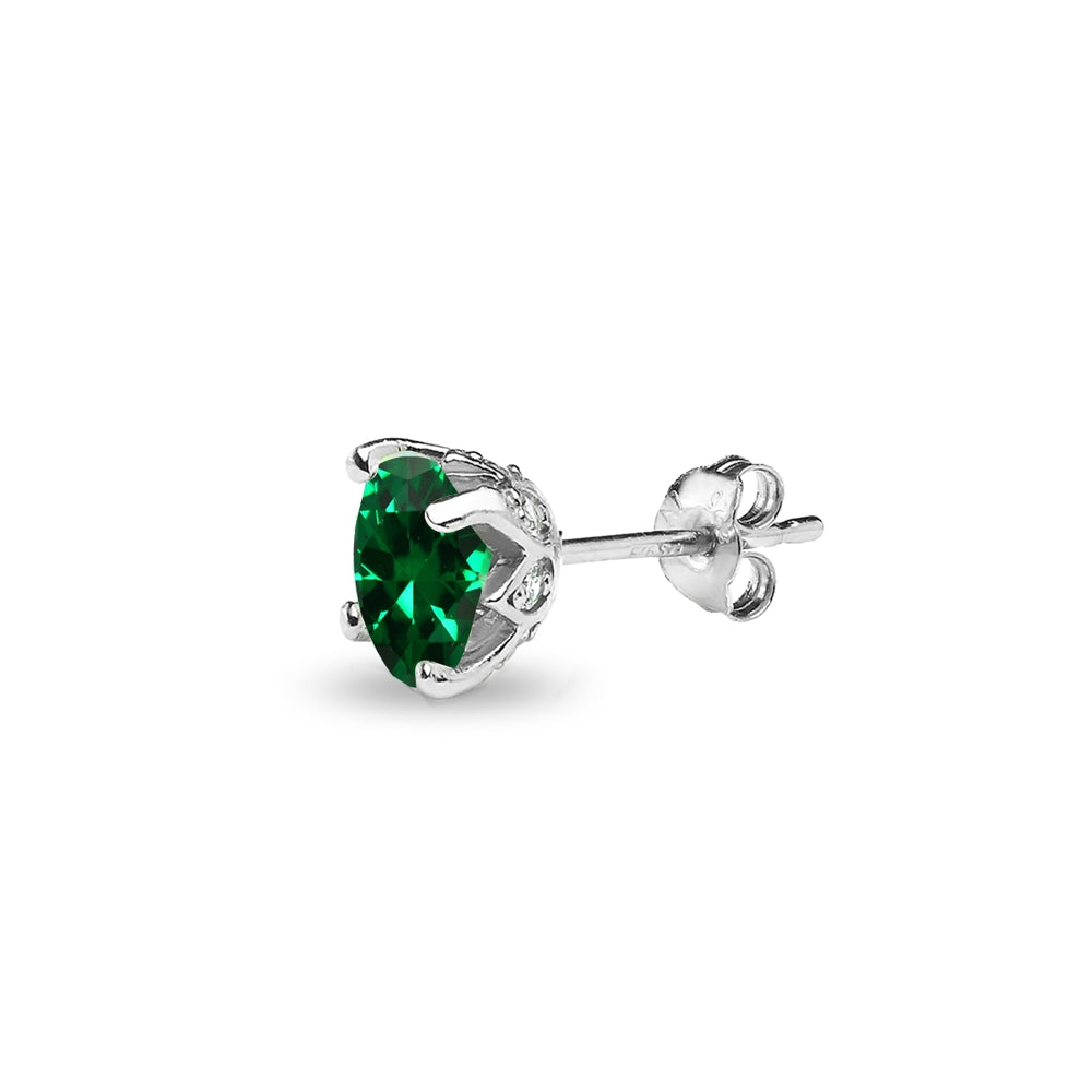 Sterling Silver Created Emerald and White Topaz Oval Crown Stud Earrings-2