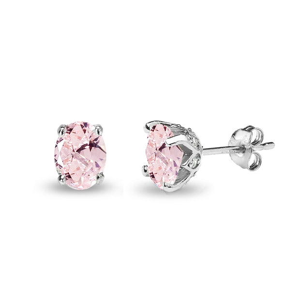 Sterling Silver Created Morganite and White Topaz Oval Crown Stud Earrings
